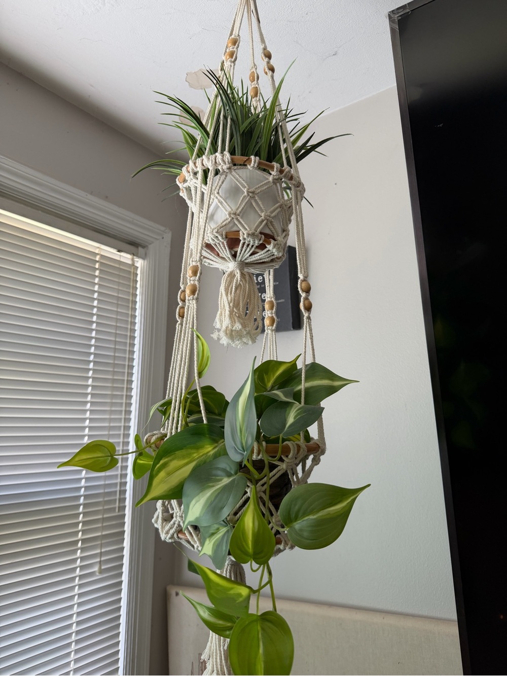 two-tier handmade white rope macrame plant hanger home decor natural with plants
